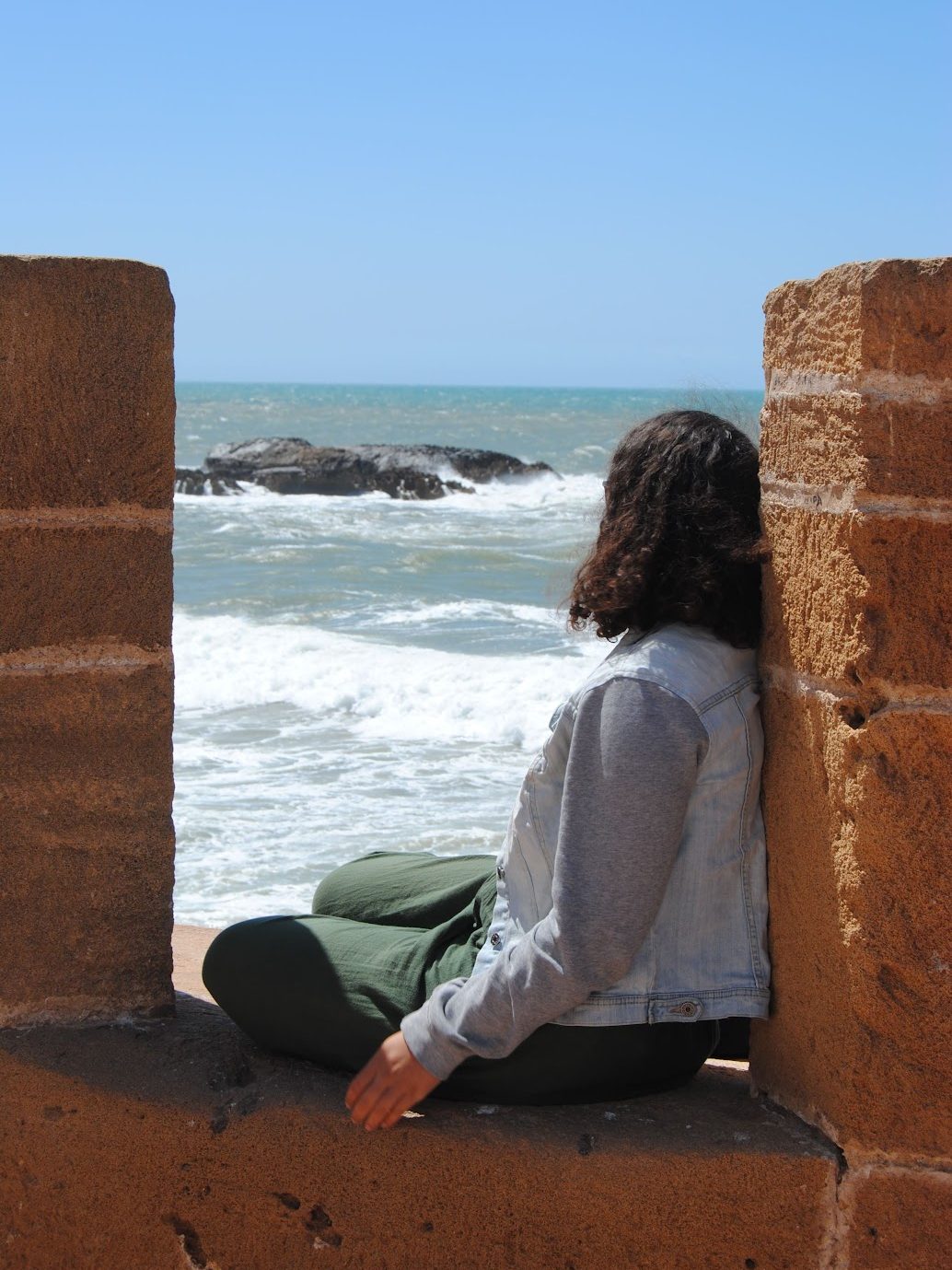A woman sitting facing the ocean